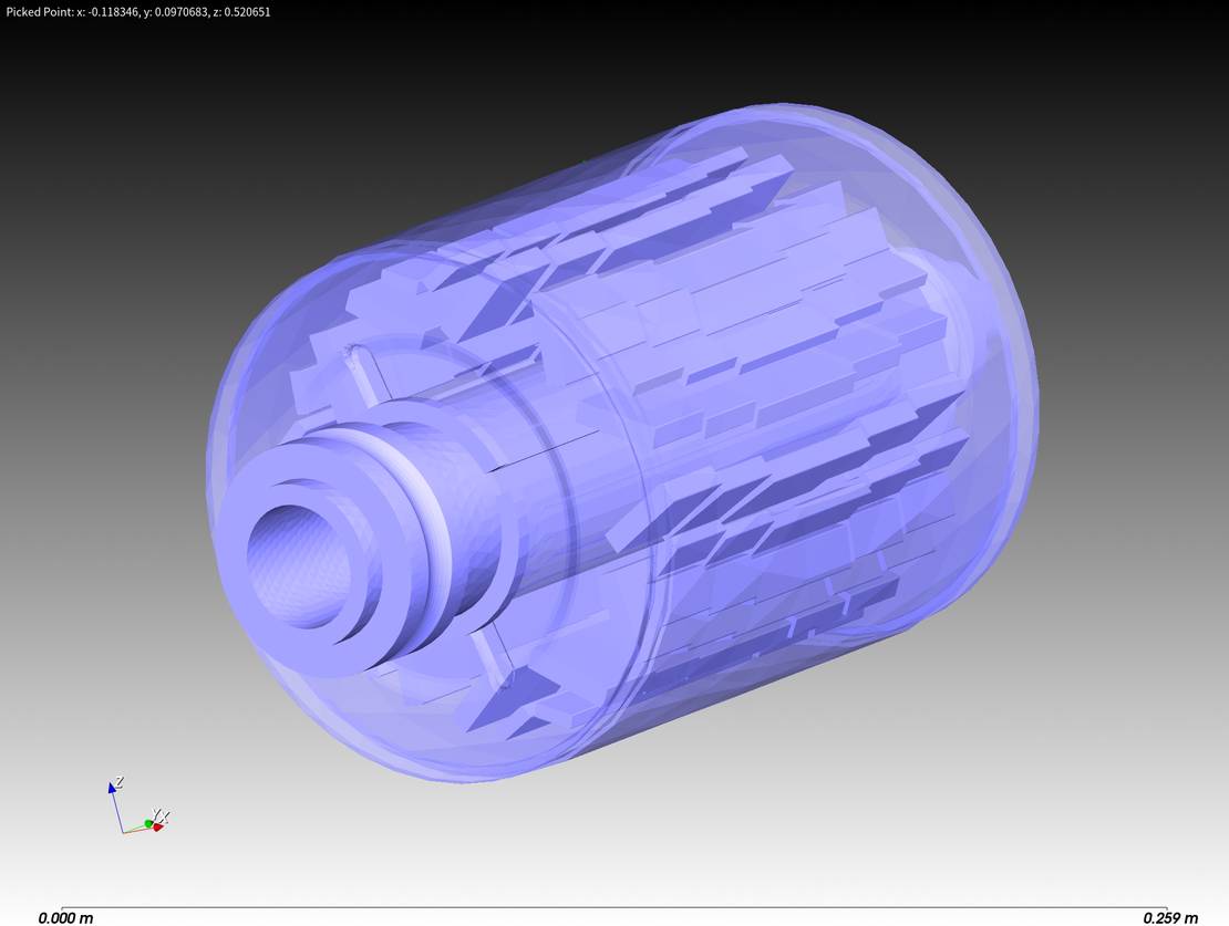 3D visualization of shaft, rotor, and magnets showing physical contact surfaces for thermal conductance modeling