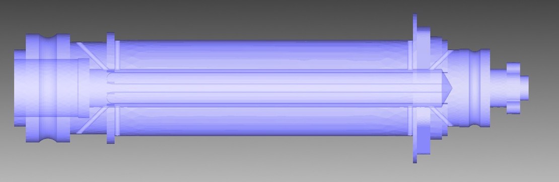 3D model of shaft showing internal oil channels with main channel and eight sub-channels