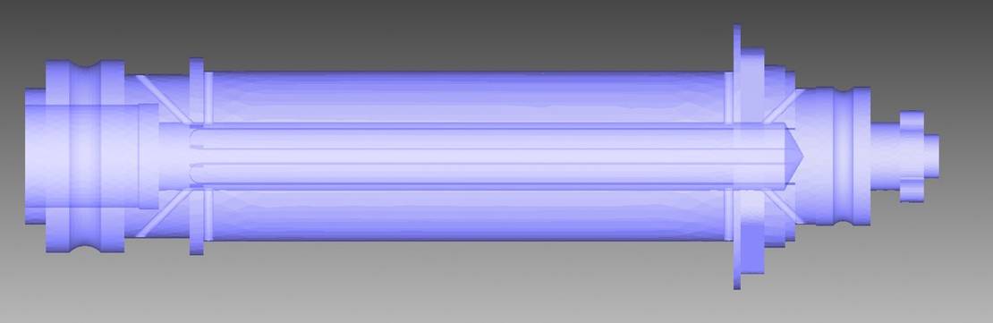 3D model of shaft showing internal oil channels with main channel and eight sub-channels
