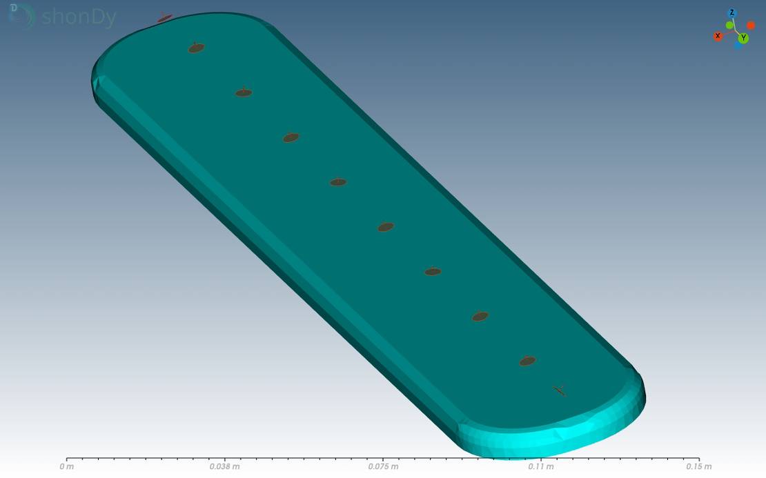 Lower spray arm with 10 inlets, showing the distribution and tilt of the central and edge nozzles for water coverage.