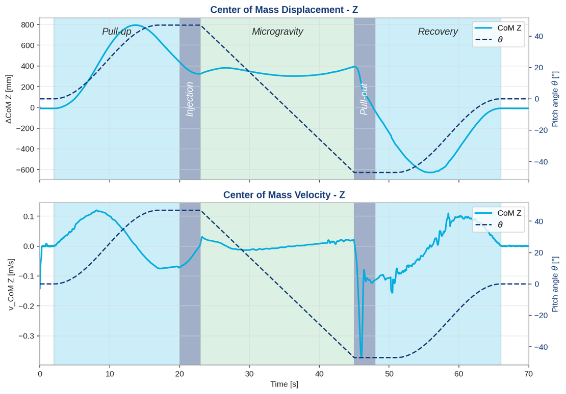 Vertical displacement and velocity of the fuel center of mass during the parabola